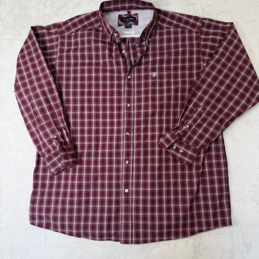 Ariat Pro Series Mens XL Burgundy Plaid Button‎ Down Western Shirt 10028200